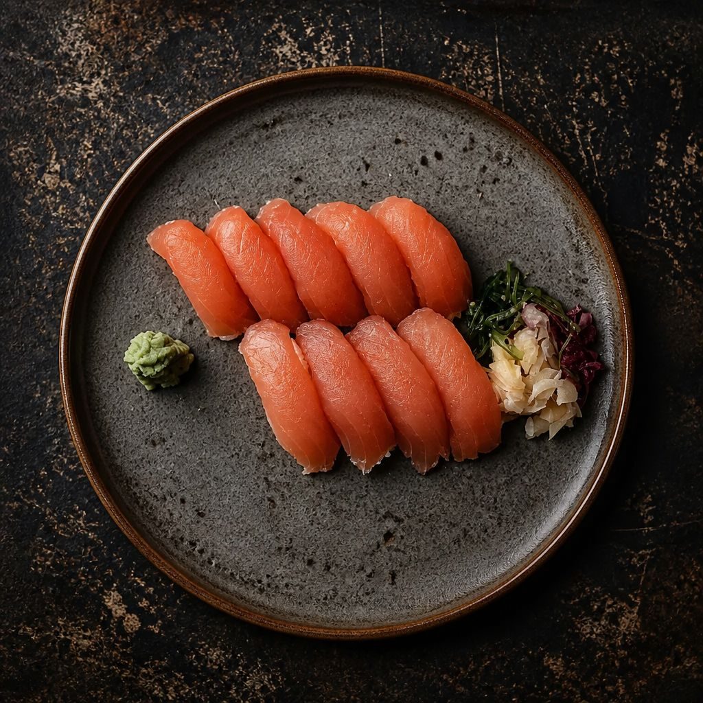 Sushi uppifrån på mörkt fat